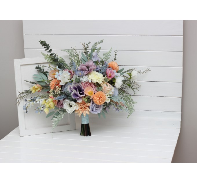 Summer & Spring Wedding Wildflower Bridal Bouquet | Peach, Purple & Dusty Blue Faux Bridesmaid Bouquets