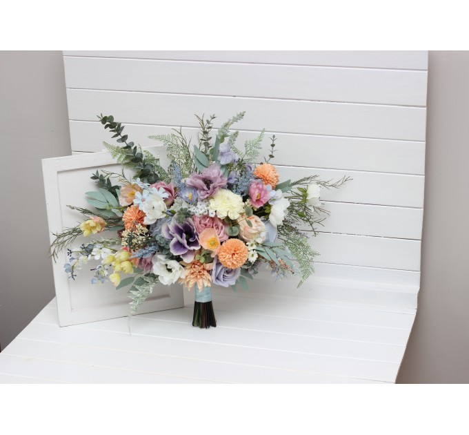Summer & Spring Wedding Wildflower Bridal Bouquet | Peach, Purple & Dusty Blue Faux Bridesmaid Bouquets