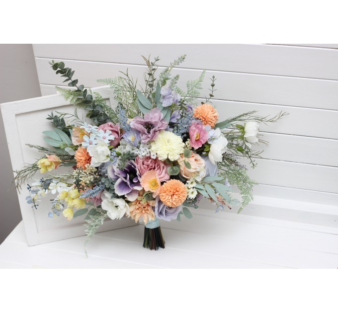 Summer & Spring Wedding Wildflower Bridal Bouquet | Peach, Purple & Dusty Blue Faux Bridesmaid Bouquets