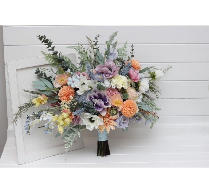 Summer & Spring Wedding Wildflower Bridal Bouquet | Peach, Purple & Dusty Blue Faux Bridesmaid Bouquets