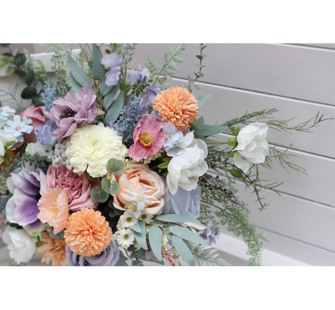Summer & Spring Wedding Wildflower Bridal Bouquet | Peach, Purple & Dusty Blue Faux Bridesmaid Bouquets