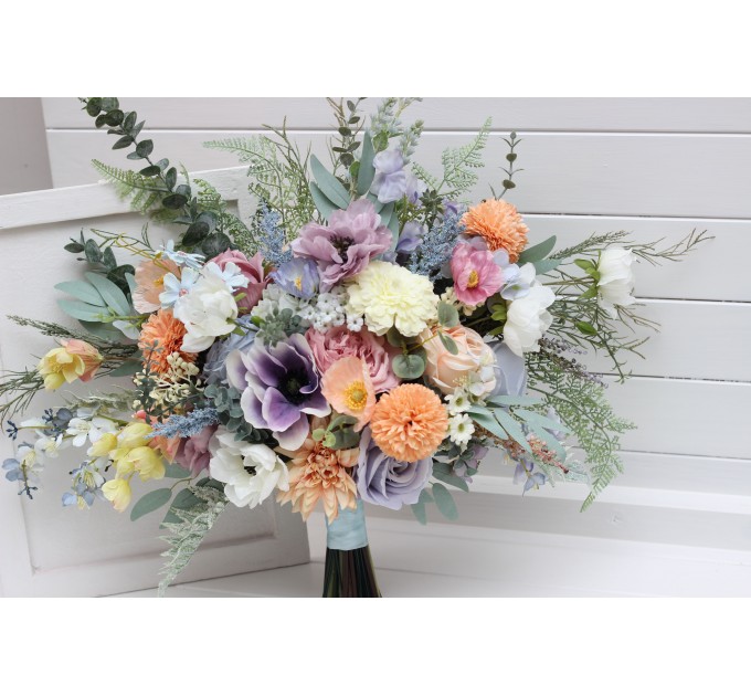 Summer & Spring Wedding Wildflower Bridal Bouquet | Peach, Purple & Dusty Blue Faux Bridesmaid Bouquets