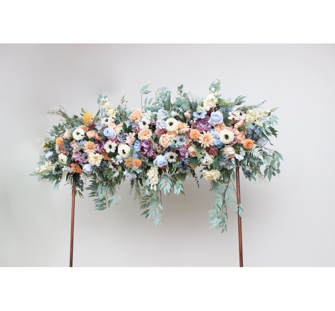 Flower Arch Arrangement in Peach, Purple & Dusty Blue | Faux Floral Archway for Wedding