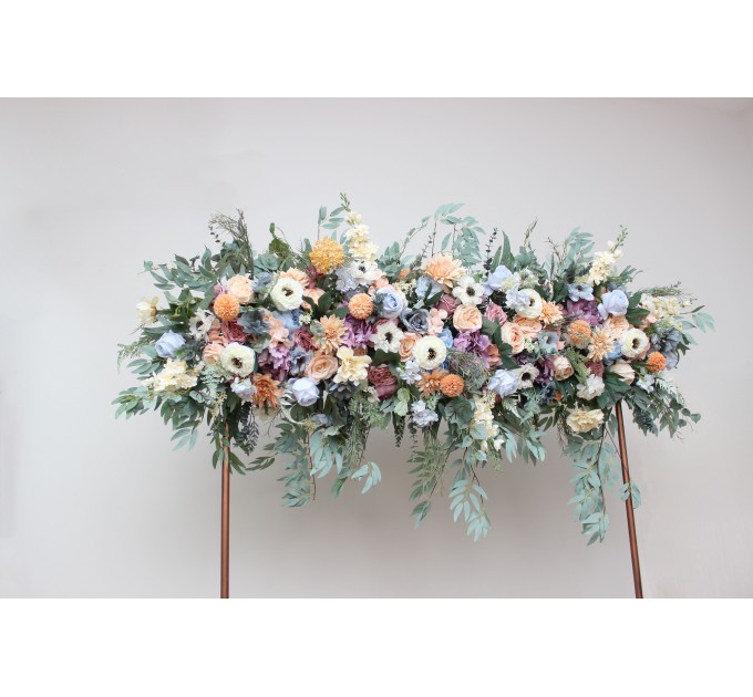Flower Arch Arrangement in Peach, Purple & Dusty Blue | Faux Floral Archway for Wedding