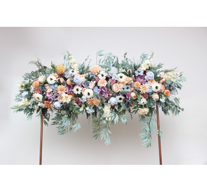 Flower Arch Arrangement in Peach, Purple & Dusty Blue | Faux Floral Archway for Wedding