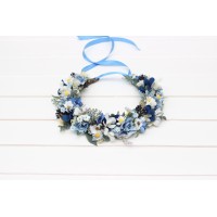 Dusty blue wedding. Navy blue white floral crown. Flower girl. Wildflowers crown. Bridal flower crown. Daisies hair wreath. 5267