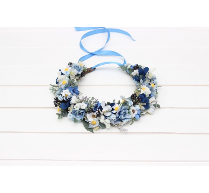 Dusty blue wedding. Navy blue white floral crown. Flower girl. Wildflowers crown. Bridal flower crown. Daisies hair wreath. 5267