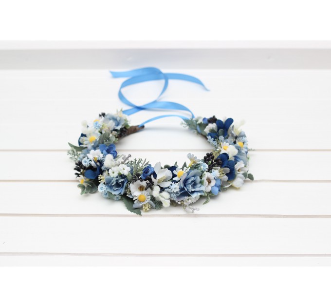 Dusty blue wedding. Navy blue white floral crown. Flower girl. Wildflowers crown. Bridal flower crown. Daisies hair wreath. 5267