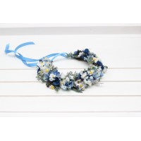 Dusty blue wedding. Navy blue white floral crown. Flower girl. Wildflowers crown. Bridal flower crown. Daisies hair wreath. 5267