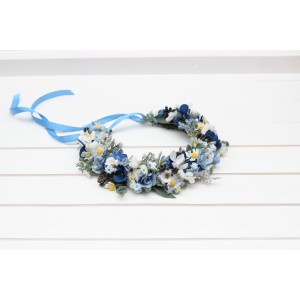 Dusty blue wedding. Navy blue white floral crown. Flower girl. Wildflowers crown. Bridal flower crown. Daisies hair wreath. 5267