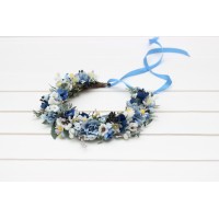 Dusty blue wedding. Navy blue white floral crown. Flower girl. Wildflowers crown. Bridal flower crown. Daisies hair wreath. 5267