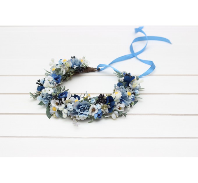 Dusty blue wedding. Navy blue white floral crown. Flower girl. Wildflowers crown. Bridal flower crown. Daisies hair wreath. 5267