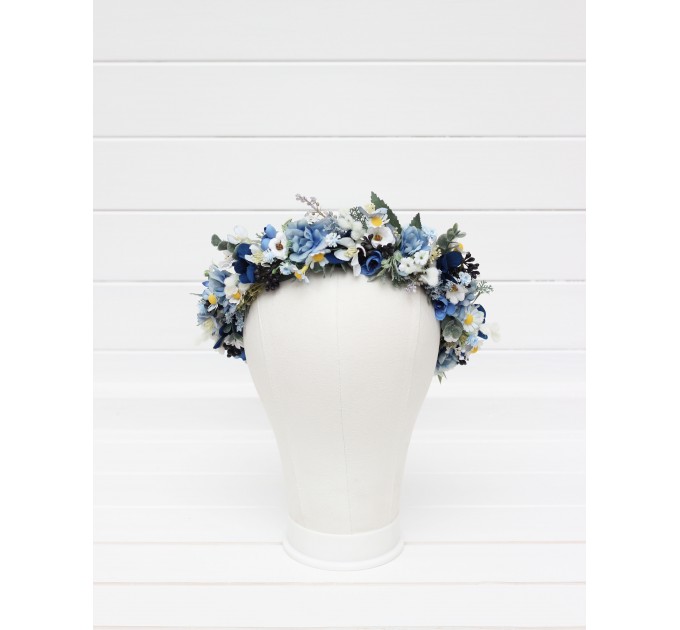 Dusty blue wedding. Navy blue white floral crown. Flower girl. Wildflowers crown. Bridal flower crown. Daisies hair wreath. 5267