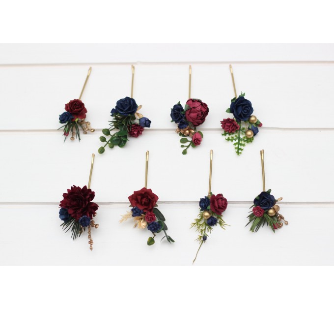 Set of 8 bobby pins in burgundy navy blue and gold color scheme. Hair accessories. Flower accessories for wedding. 0031