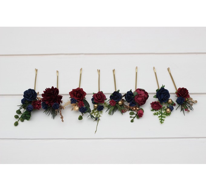 Set of 8 bobby pins in burgundy navy blue and gold color scheme. Hair accessories. Flower accessories for wedding. 0031