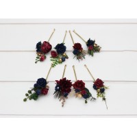  Set of 8 bobby pins in burgundy  navy blue and gold  color scheme. Hair accessories. Flower accessories for wedding.  0031