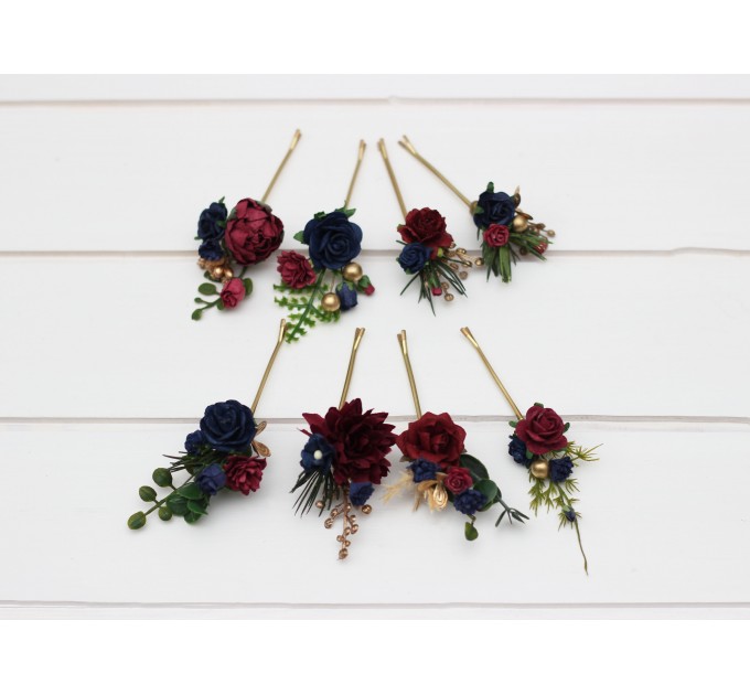  Set of 8 bobby pins in burgundy  navy blue and gold  color scheme. Hair accessories. Flower accessories for wedding.  0031