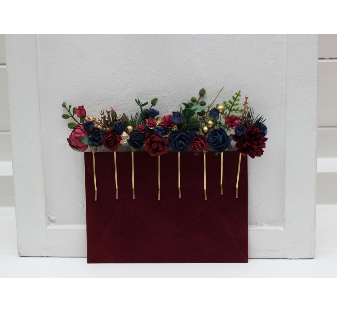  Set of 8 bobby pins in burgundy  navy blue and gold  color scheme. Hair accessories. Flower accessories for wedding.  0031