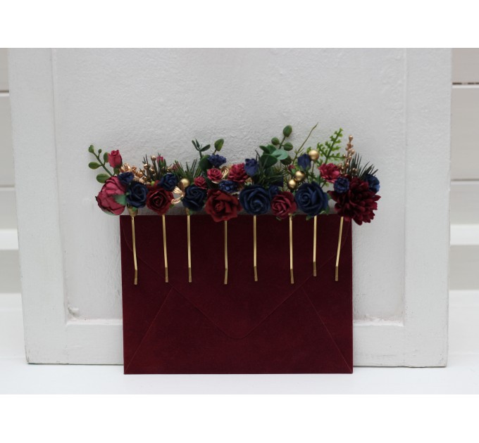 Set of 8 bobby pins in burgundy navy blue and gold color scheme. Hair accessories. Flower accessories for wedding. 0031