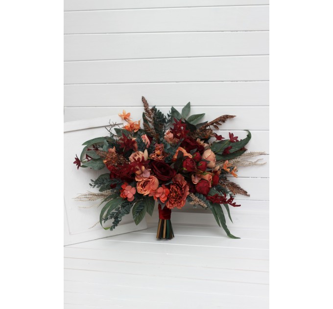 Wedding Bouquets in Deep Red & Coral | Cascading Faux Bridal & Bridesmaid Bouquets