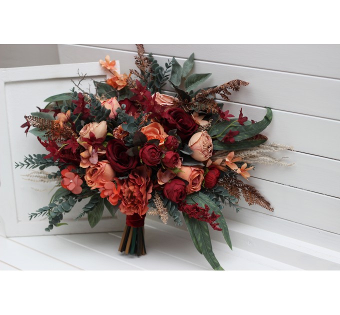 Wedding bouquets in deep red and сoral colors. Bridal bouquet. Cascading bouquet. Faux bouquet. Bridesmaid bouquet. 5268