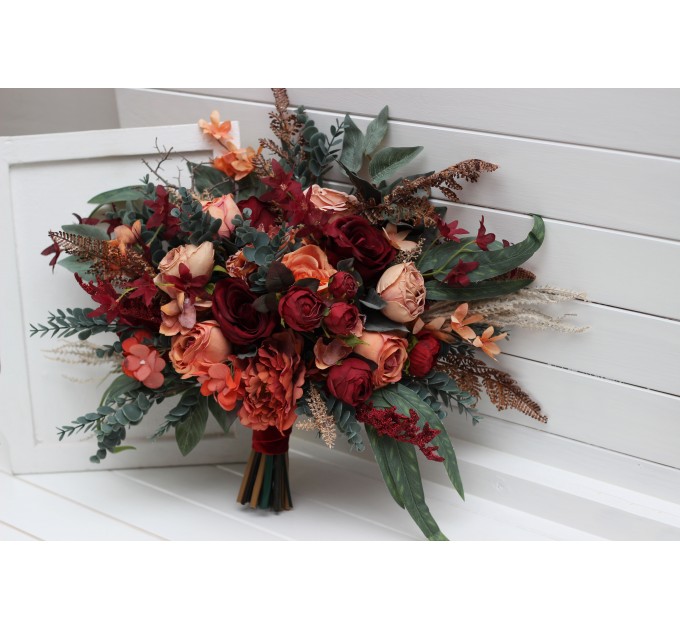 Wedding Bouquets in Deep Red & Coral | Cascading Faux Bridal & Bridesmaid Bouquets