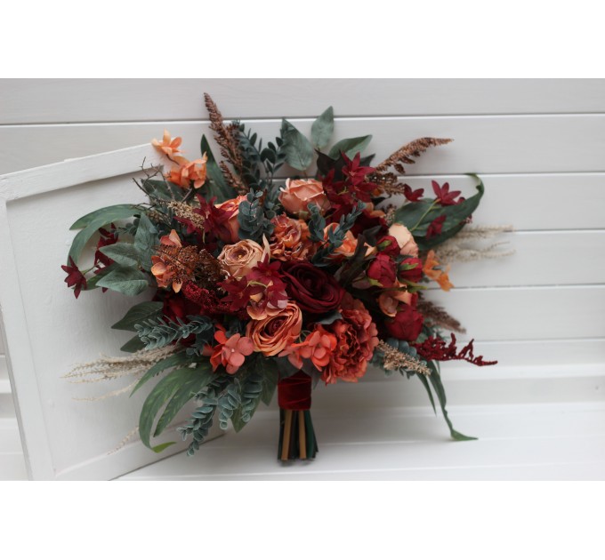 Wedding Bouquets in Deep Red & Coral | Cascading Faux Bridal & Bridesmaid Bouquets