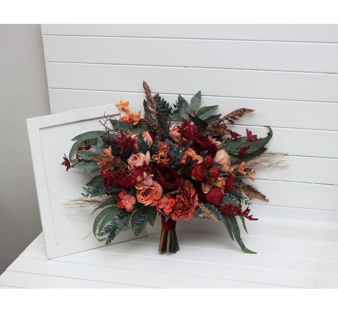 Wedding Bouquets in Deep Red & Coral | Cascading Faux Bridal & Bridesmaid Bouquets