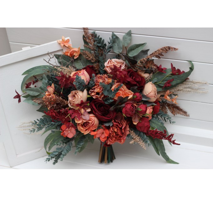 Wedding bouquets in deep red and сoral colors. Bridal bouquet. Cascading bouquet. Faux bouquet. Bridesmaid bouquet. 5268