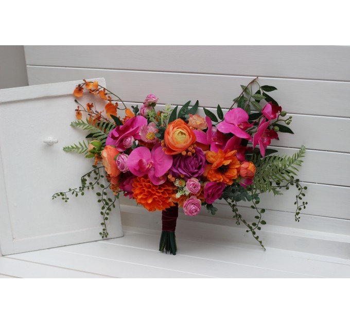 Wedding Bouquets in Bright Orange & Magenta | Cascading Faux Bridal & Bridesmaid Bouquets