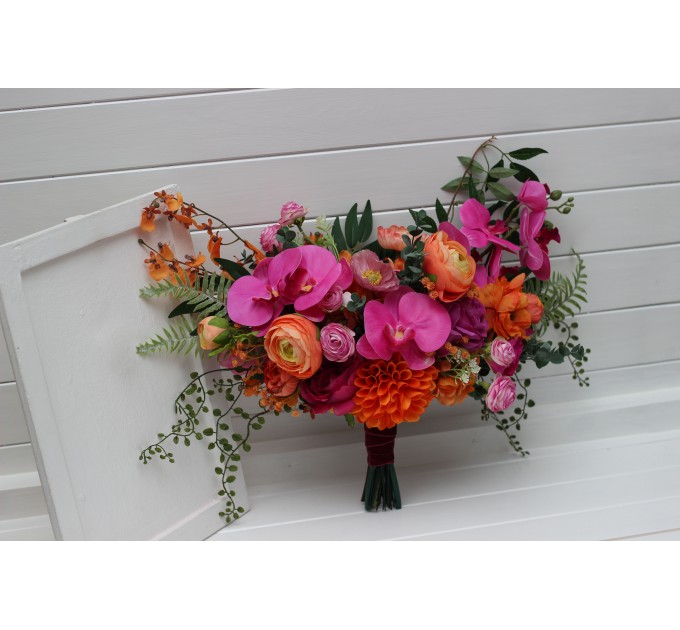 Wedding Bouquets in Bright Orange & Magenta | Cascading Faux Bridal & Bridesmaid Bouquets