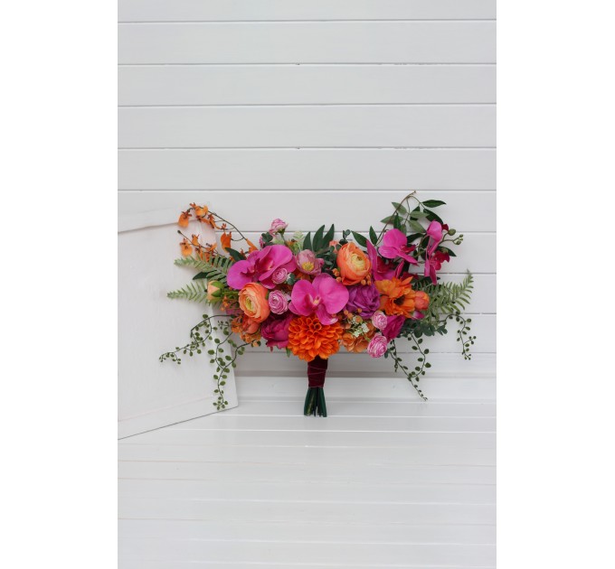 Wedding Bouquets in Bright Orange & Magenta | Cascading Faux Bridal & Bridesmaid Bouquets