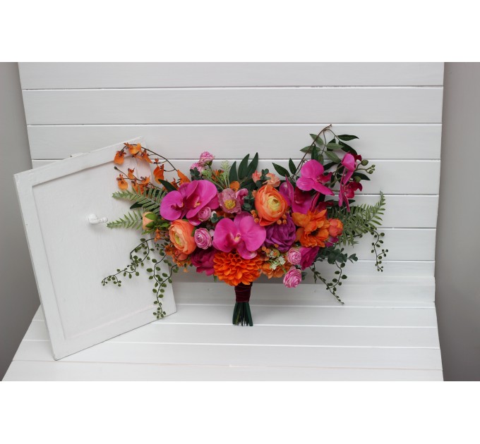 Wedding Bouquets in Bright Orange & Magenta | Cascading Faux Bridal & Bridesmaid Bouquets