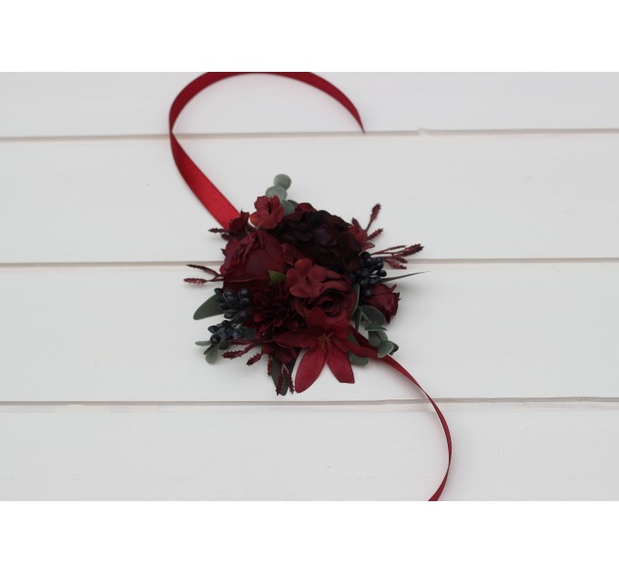 Wedding Boutonnieres & Wrist Corsage in Deep Burgundy | Faux Flower Accessories