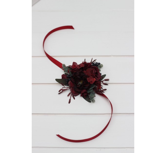 Wedding Boutonnieres & Wrist Corsage in Deep Burgundy | Faux Flower Accessories