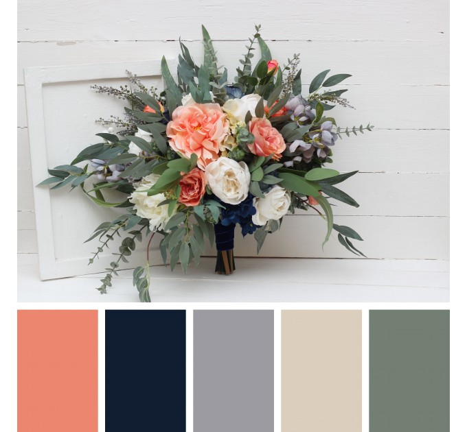 Wedding Bouquets in Navy Blue, Coral & Ivory | Faux Bridal & Bridesmaid Bouquets