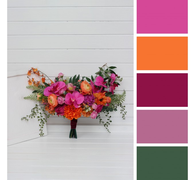 Wedding Bouquets in Bright Orange & Magenta | Cascading Faux Bridal & Bridesmaid Bouquets