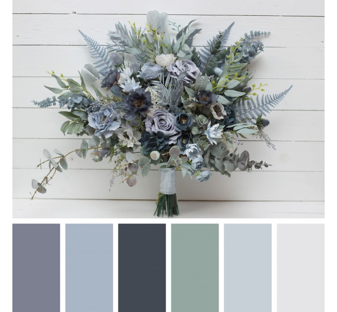 Wedding Bouquets in Dusty Blue, White & Sage Green | Faux Bridal & Bridesmaid Bouquets