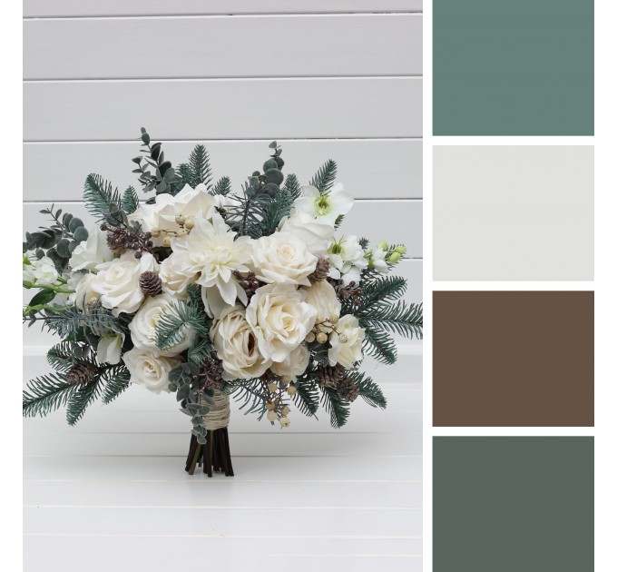 Winter Wedding Bouquets with Pine Branches in White | Faux Bridal & Bridesmaid Bouquets