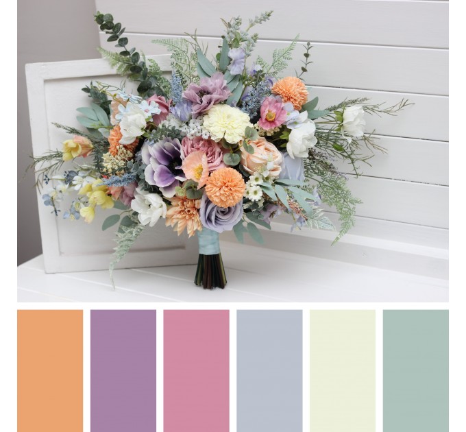 Summer & Spring Wedding Wildflower Bridal Bouquet | Peach, Purple & Dusty Blue Faux Bridesmaid Bouquets