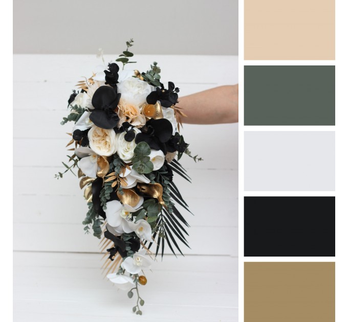 Black, Gold, and White Wedding Bouquets – Bridal and Cascading Faux Designs