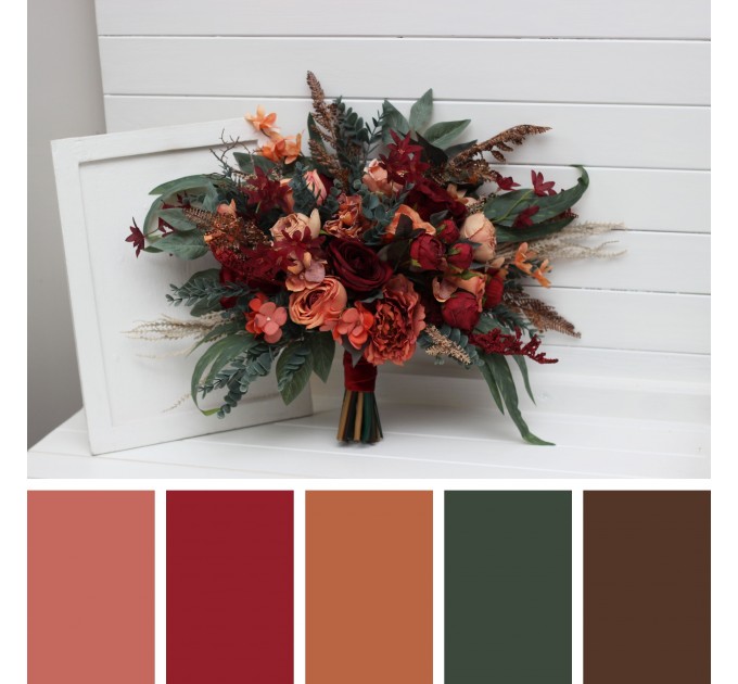 Wedding Bouquets in Deep Red & Coral | Cascading Faux Bridal & Bridesmaid Bouquets