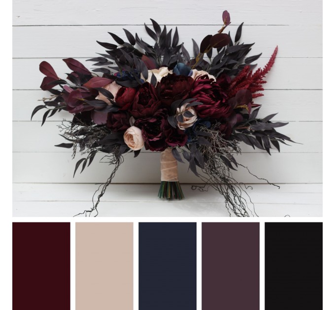 Wedding Bouquets in Purple, Burgundy, Beige & Navy Blue | Halloween-Inspired Faux Bridal & Bridesmaid Bouquets