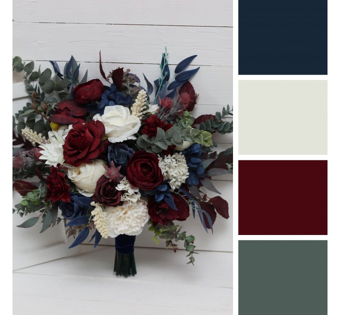 Wedding Bouquets in Burgundy, Ivory & Navy Blue | Cascading Bridal & Bridesmaid Faux Bouquets