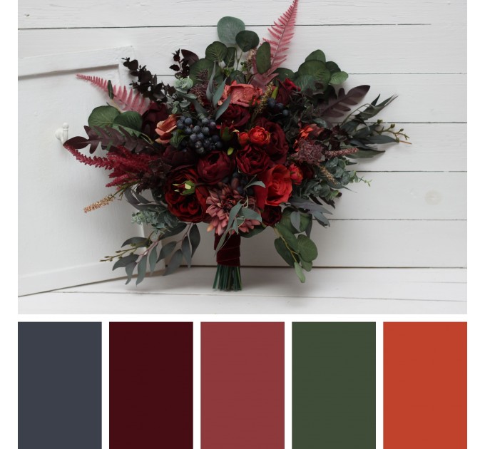 Wedding Bouquets in Deep Burgundy, Red & Blue | Faux Bridal & Bridesmaid Bouquets