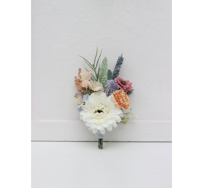 Wedding Boutonnieres & Wrist Corsage in Peach, Purple & Dusty Blue | Wildflower Faux Flower Accessories