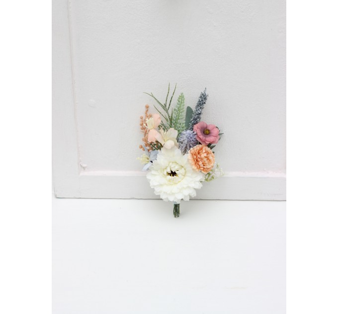 Wedding Boutonnieres & Wrist Corsage in Peach, Purple & Dusty Blue | Wildflower Faux Flower Accessories