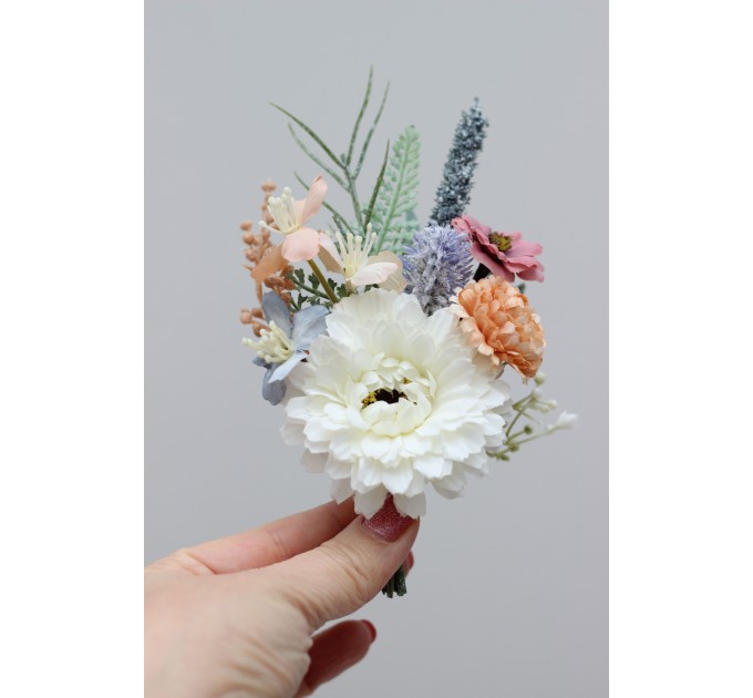 Wedding Boutonnieres & Wrist Corsage in Peach, Purple & Dusty Blue | Wildflower Faux Flower Accessories