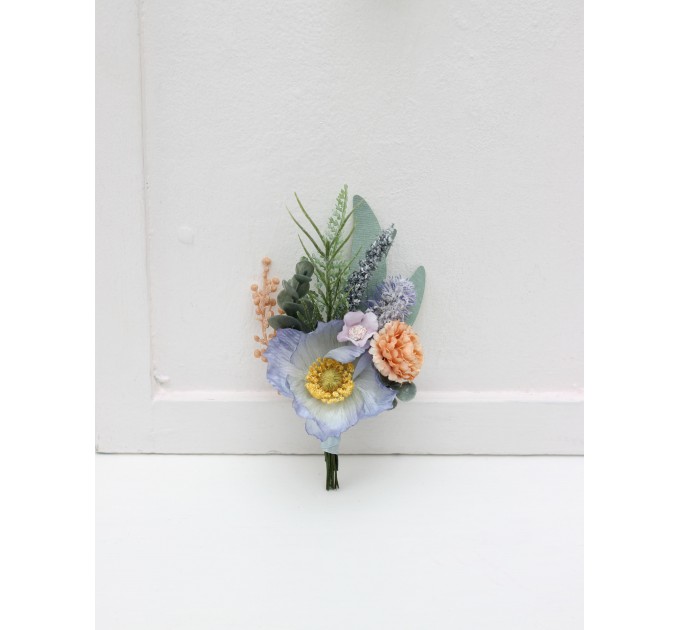 Wedding Boutonnieres & Wrist Corsage in Peach, Purple & Dusty Blue | Wildflower Faux Flower Accessories
