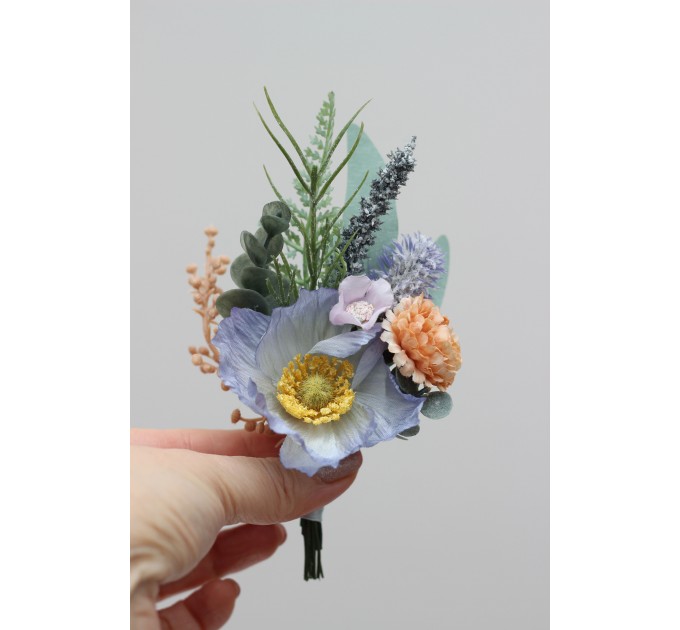 Wedding Boutonnieres & Wrist Corsage in Peach, Purple & Dusty Blue | Wildflower Faux Flower Accessories